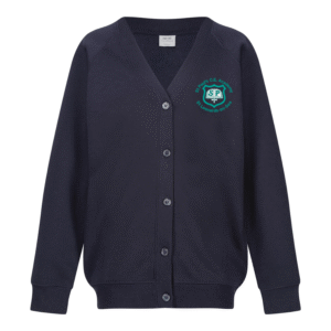 Frontal view of the St Pauls Academy cardigan. A navy cardigan with the school's logo embroidered on the left breast in a jade colour.