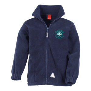 Frontal view of the St Pauls Academy fleece. A navy fleece with the school's logo embroidered on the left breast in a jade colour.