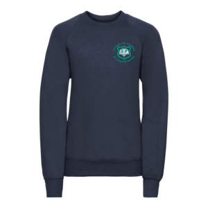 Frontal view of the St Pauls Academy sweatshirt. A navy sweatshirt with the school's logo embroidered on the left breast in a jade colour.