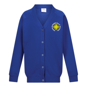 Frontal view of the Staplecross cardigan. A royal blue sweatshirt cardigan with the school's logo embrodiered on the left breast.