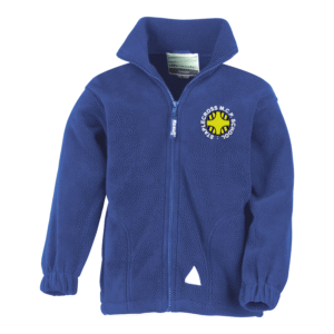 Frontal view of the Staplecross fleece. A royal blue fleece with the school's logo embrodiered on the left breast.
