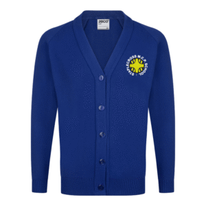 Frontal view of the Staplecross knitted cardigan. A royal blue cardigan with the school's logo embrodiered on the left breast.