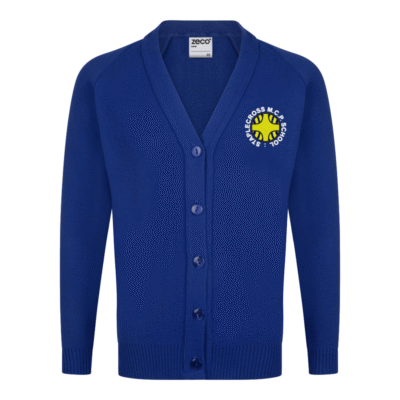 Frontal view of the Staplecross knitted cardigan. A royal blue cardigan with the school's logo embrodiered on the left breast.
