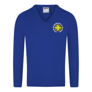 Frontal view of the Staplecross knitted jumper. A royal blue jumper with the school's logo embrodiered on the left breast.