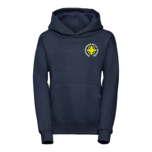 Frontal view of the Staplecross PE hoodie. A navy blue hoodie with the school's logo embrodiered on the left breast.