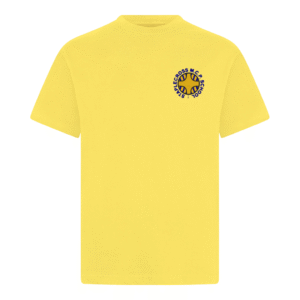 Frontal view of the Staplecross PE t-shirt. A golden yellow t-shirt with the school's logo embrodiered on the left breast.