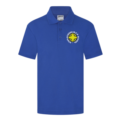 Frontal view of the Staplecross summer polo shirt. A royal blue polo shirt with the school's logo embrodiered on the left breast.