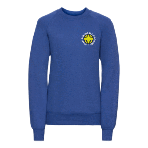Frontal view of the Staplecross sweatshirt. A royal blue sweatshirt with the school's logo embrodiered on the left breast.