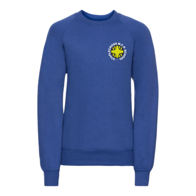 Frontal view of the Staplecross sweatshirt. A royal blue sweatshirt with the school's logo embrodiered on the left breast.