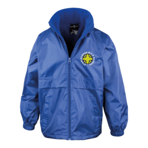 Frontal view of the Staplecross Primary School royal blue waterproof jacket with the school's logo embroidered on the left breast.