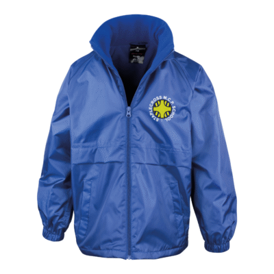 Frontal view of the Staplecross Primary School royal blue waterproof jacket with the school's logo embroidered on the left breast.